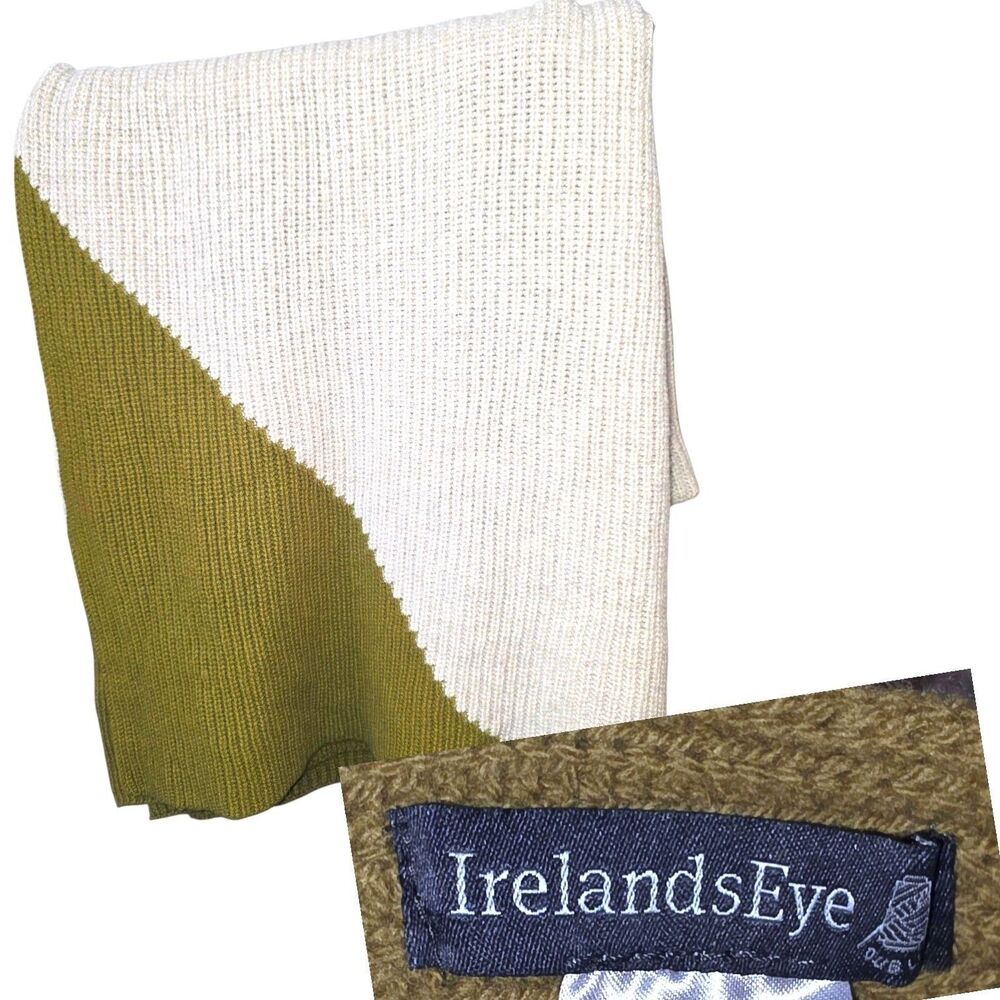IRELANDS EYE 100% Virgin Wool Olive Green Beige Color Block Knit Throw Blanket